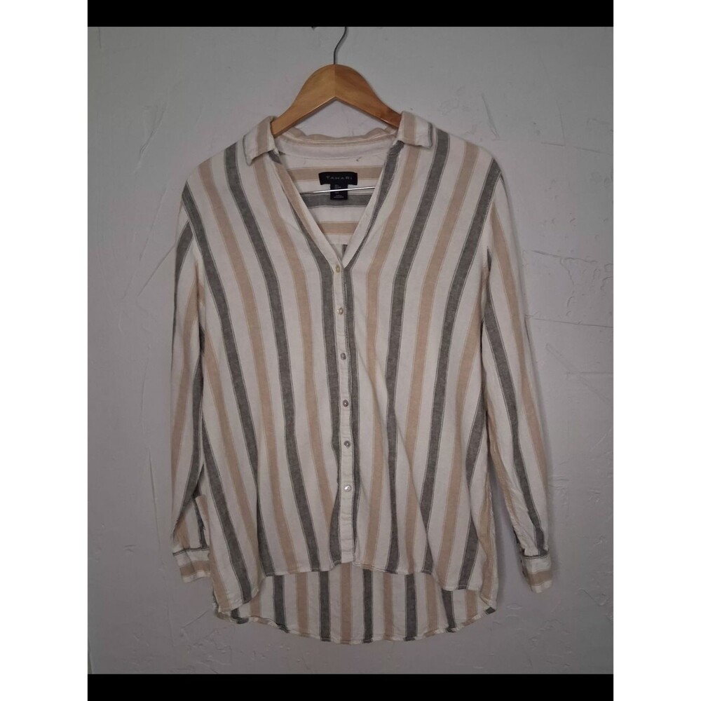 Tahari Linen Blend Striped Button Front Tunic Blouse Women's Sz L Beige Gray Tan - Picture 2 of 9